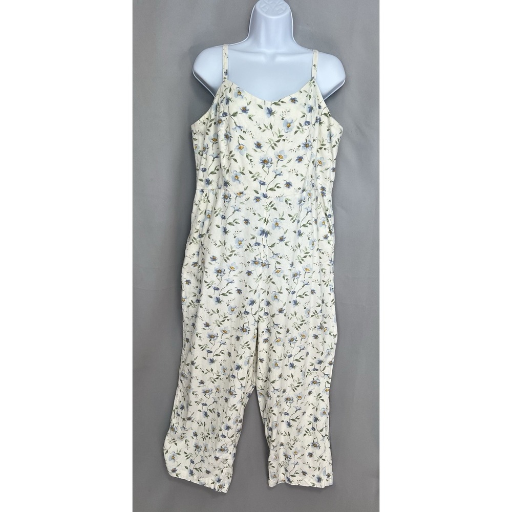 Old Navy‎ Linen Blend Floral Jumpsuit XL Pockets Cinched Back Crop Wide Leg